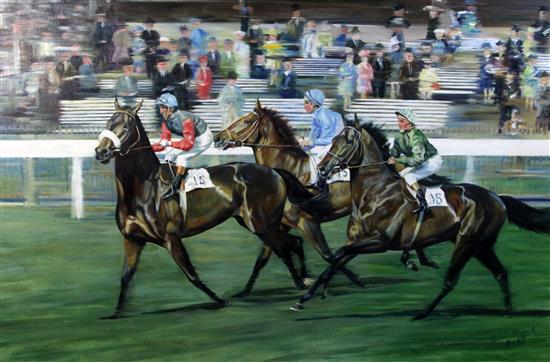 § Sarah Ponsonby (1943-) Going down to the start at Newmarket, 28 x 42in.